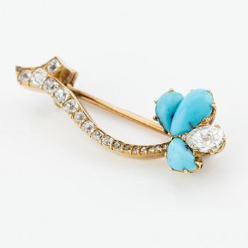 A gold brooch with turquoise and old-cut diamonds, C.E. Bolin, St  Petersburg 1860-1875, workmaster Robert Schwan.