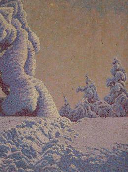 Gustaf Fjaestad, Winter landscape with snow-covered pine trees.