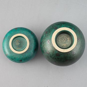 Wilhelm Kåge, two 'Argenta' stoneware vases and a dish, Gustavsberg.