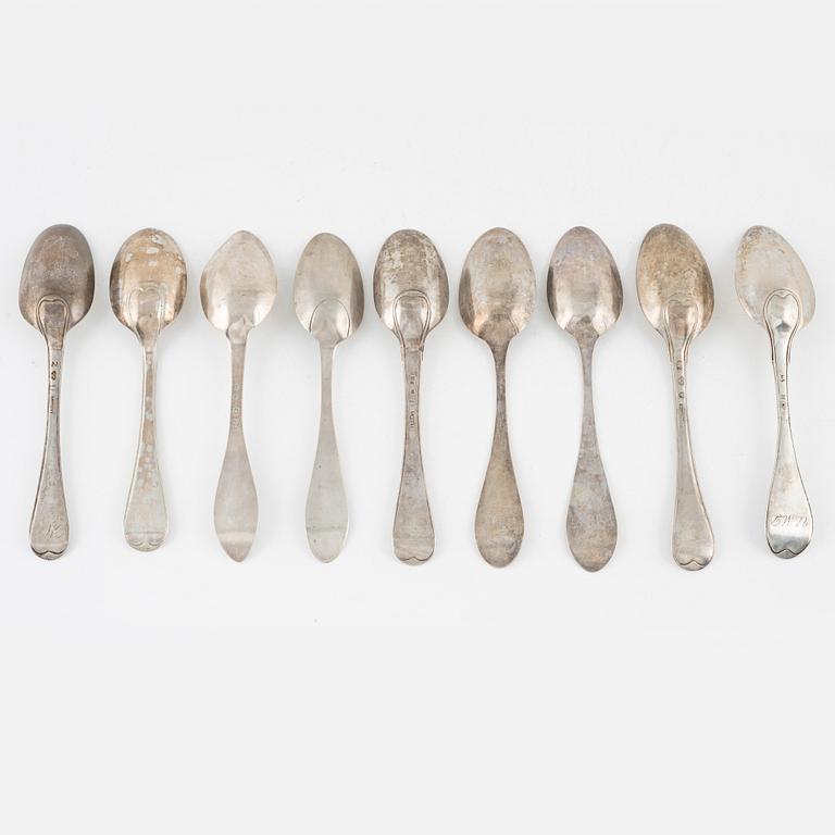 Skedar, 9 st, silver, Sverige 1700-1800-tal.