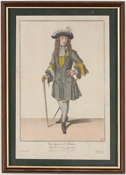 GRAVYRER, 2 st, handkolorerade, 1700-tal.