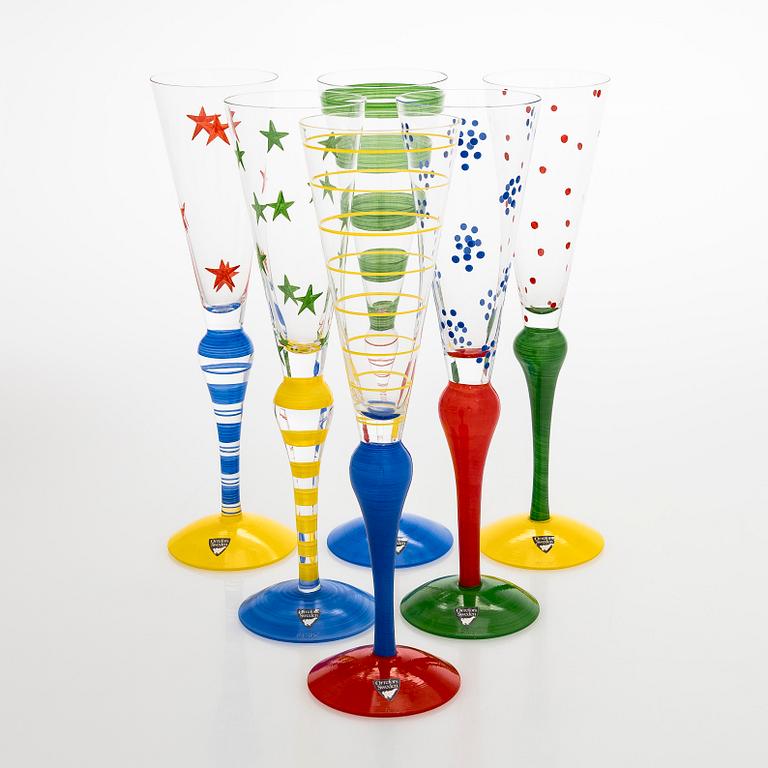 Anne Nilsson, a set of six 'Clown' champagne glasses, Orrefors.