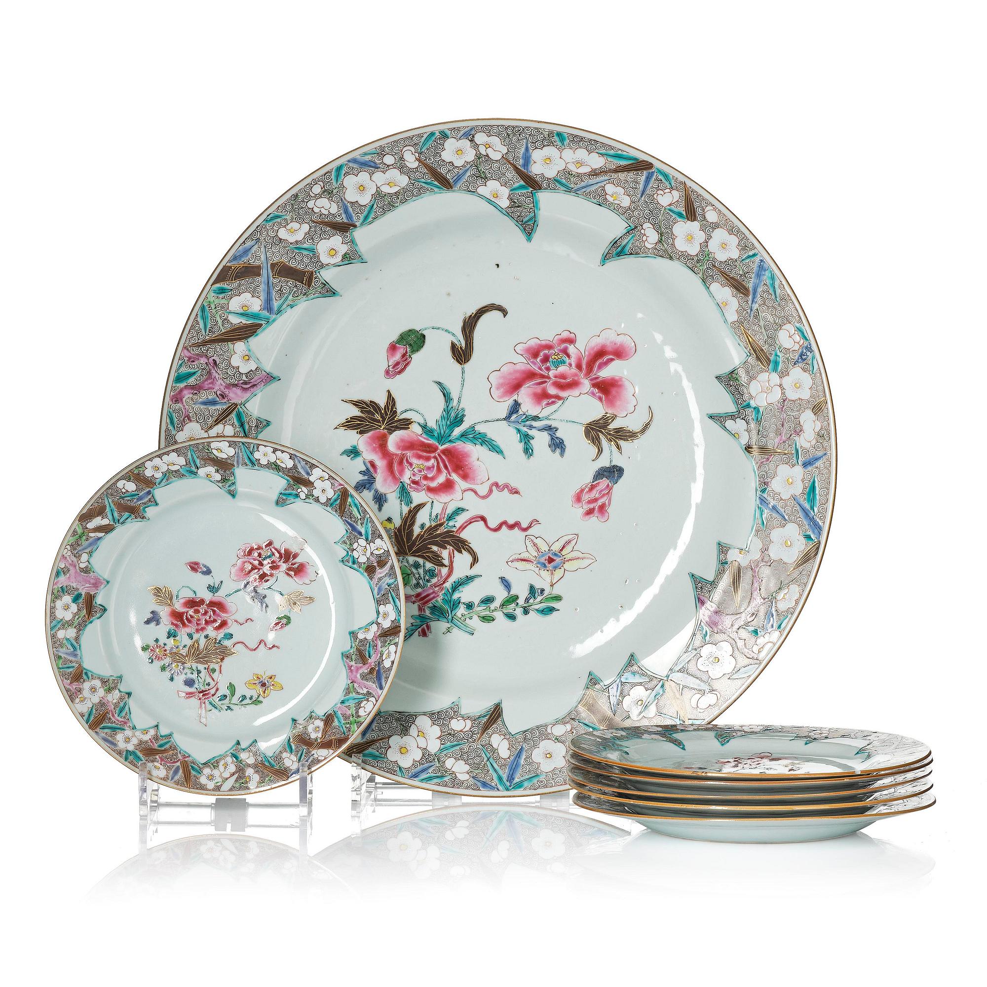 A famille rose serving dish and six dinner plates, Qing dynasty, Qianlong (1736-95).