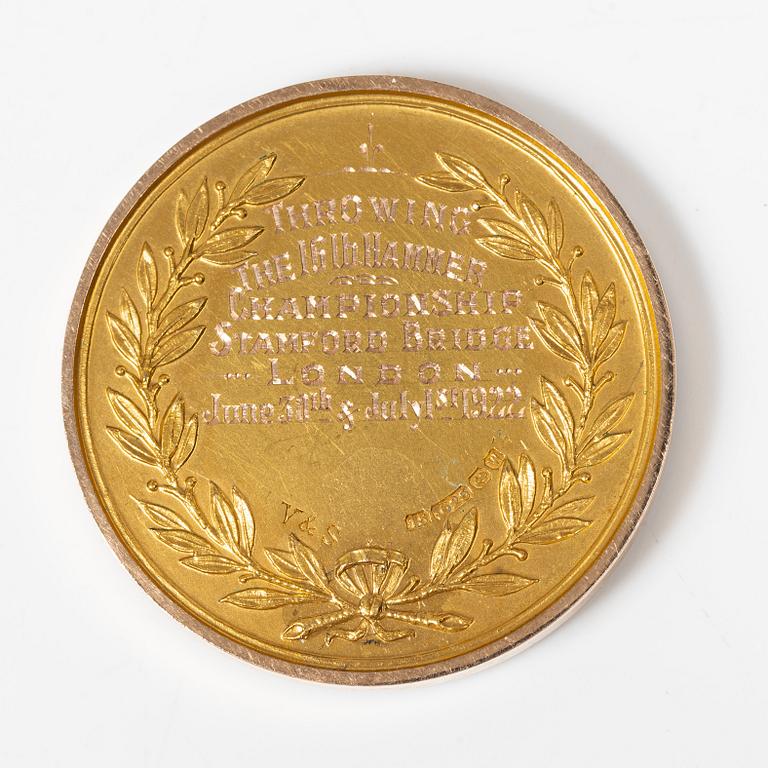 Medalj, 15K guld, England, 1922.