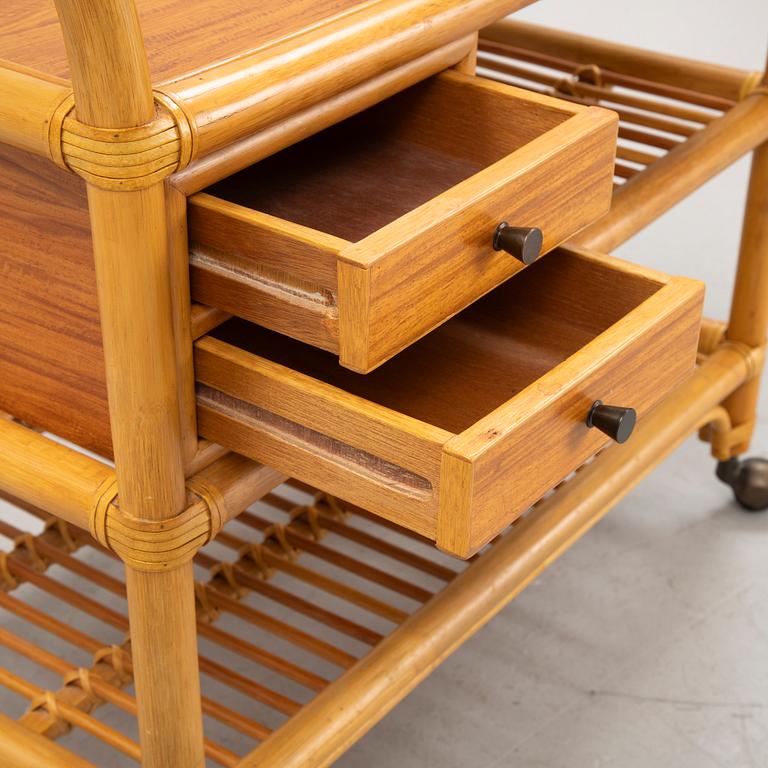 A rattan and bamboo serving trolley, second half of the 20th century.