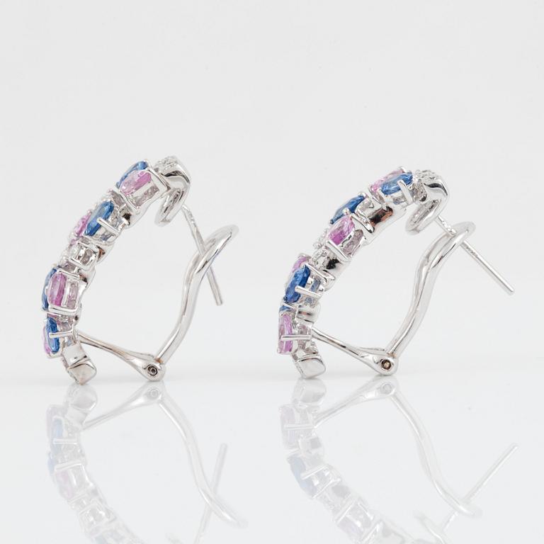 A pair of blue sapphire, pink sapphire and brilliant-cut diamond earrings.