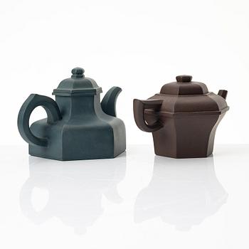 Two hexagonal 'gongfu' teapots, yixing, China, 1980s.