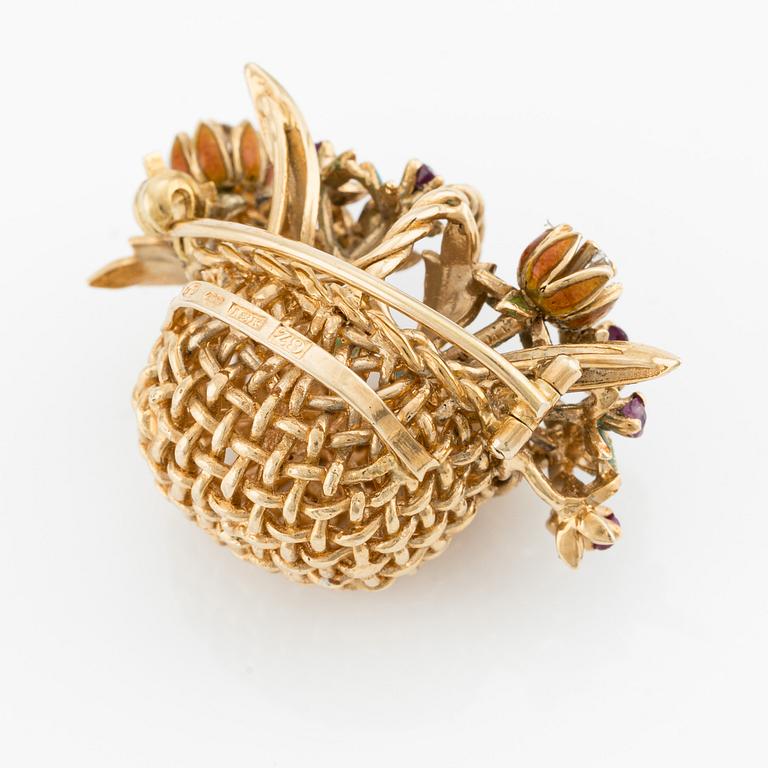 A basket brooch in 18K gold and enamel with diamonds designed by Barbro Littmarck, W.A. Bolin Stockholm 1950.