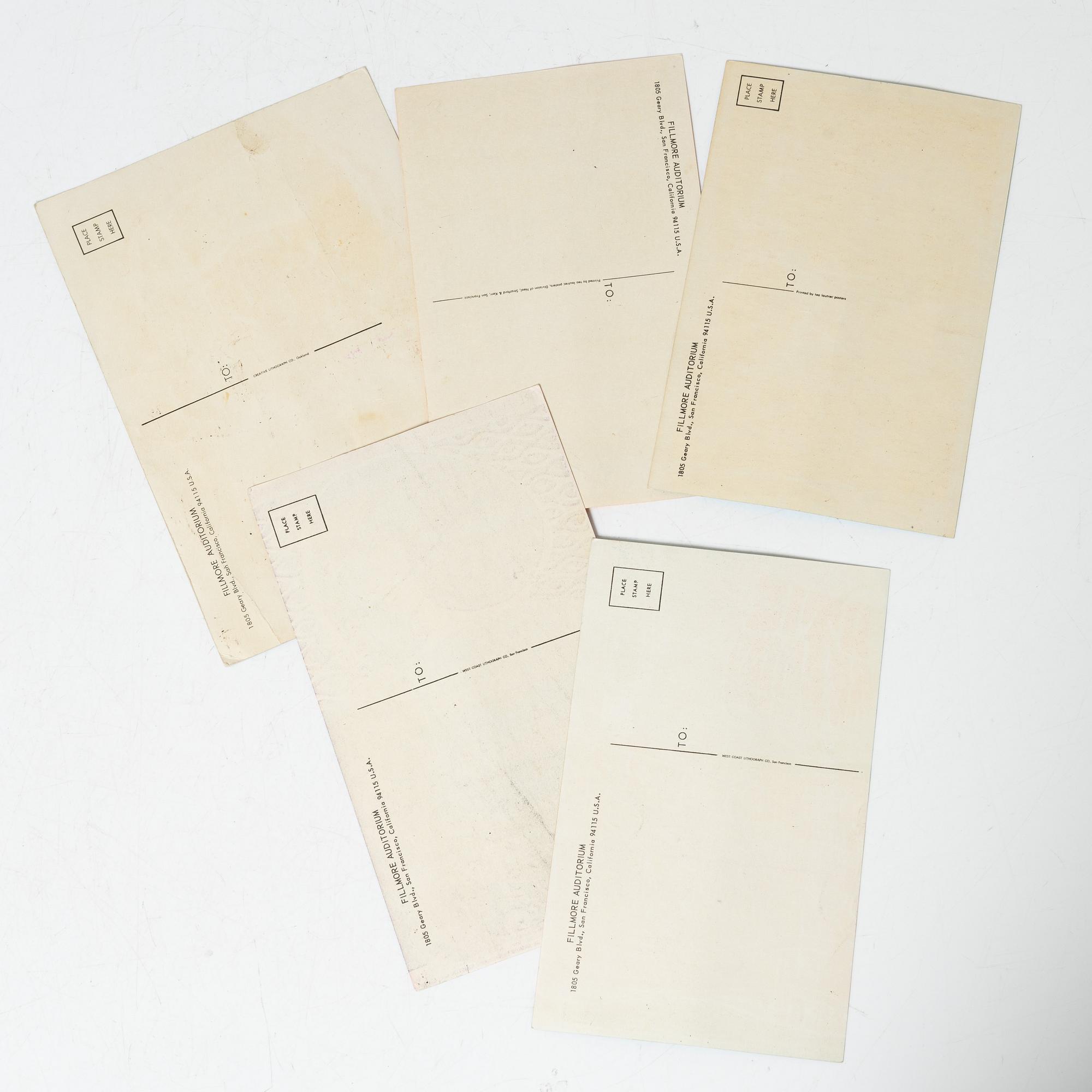 Wes Wilson, a set of 5 postcards, West Coast Lithograph; Tea Lautrec Posters & Creative Lithograph, USA.