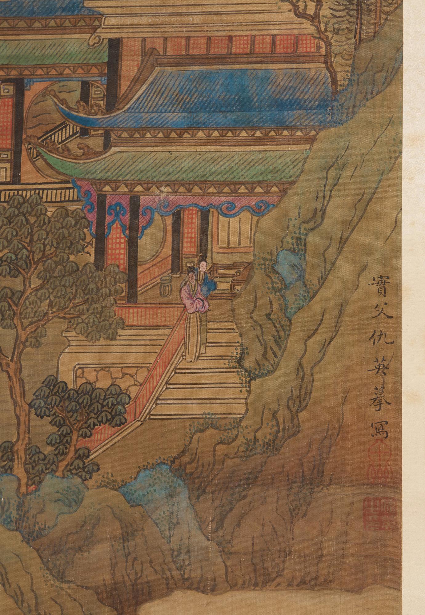 RULLMÅLNING,  flodlandskap i Qiu Yings (1494-1551) stil, sen Qingdynasti (1644-1912).