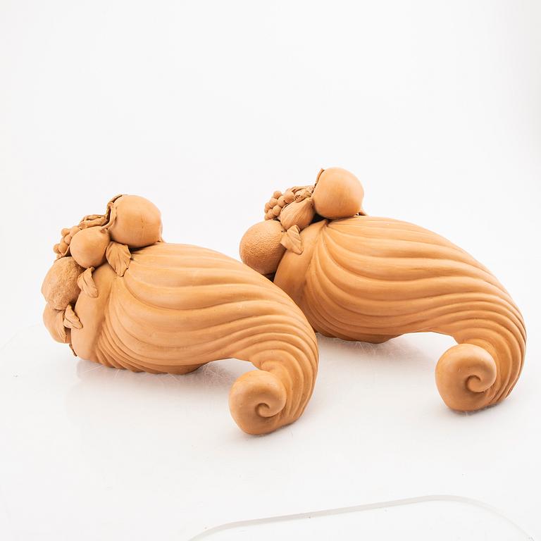 Two terracotta cornucopia by possible Alberto Poletti, Impruneta, Florence, Italy.