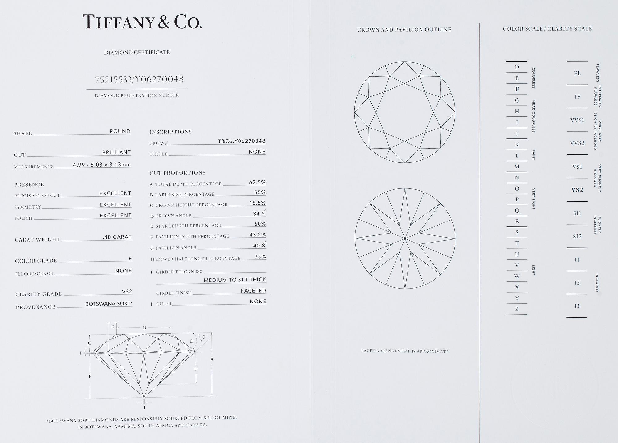 Tiffany & Co, a platinum ring with a brilliant-cut diamond 0.48 ct. With certificate.