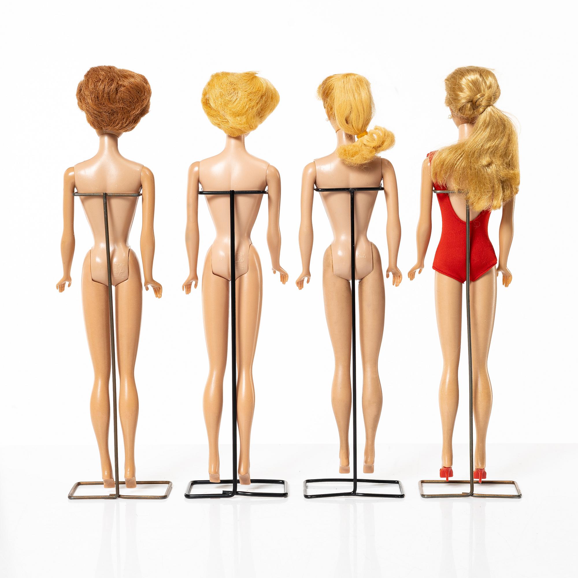 Barbie dolls, 4 pcs, along with clothes and accessories, Mattel, 1960s.