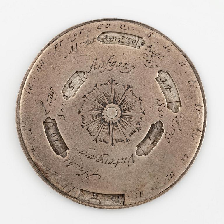 Evighetskalender, silver. Tidigt 1700-tal, troligen Augsburg. Barock.