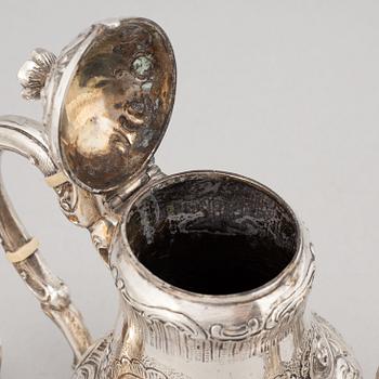 A silver mocha pot, creamer, sugar bowl and tray, some with mark of Gewe, Malmö 1950-51.