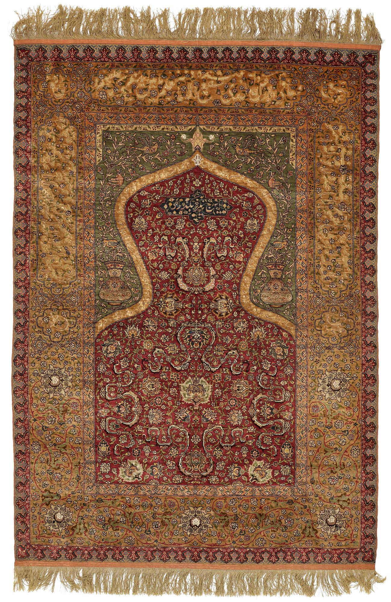 Matta, antik silke Kum Kapi med metallbroschering, Istanbul omkring 1910, "Sultan's Head Prayer" design.