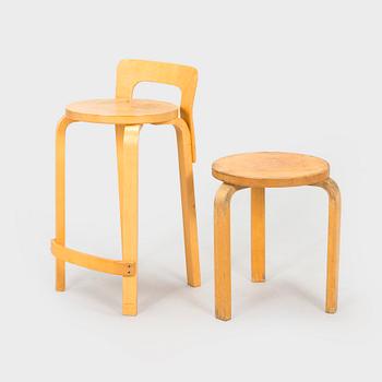 Alvar Aalto, pall, modell 60, samt barstol, modell K65, Artek 1900-talets senare hälft.