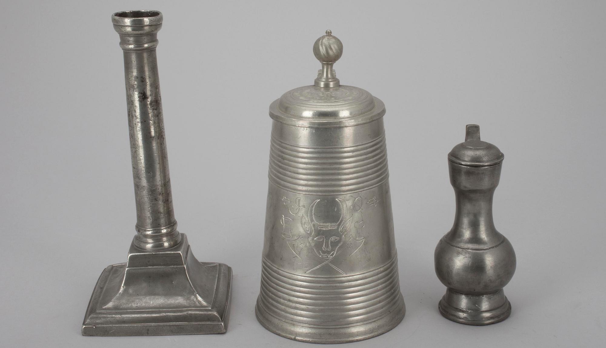 TENNFÖREMÅL 3 st, Stop, 2 st. och ljusstake, 1700- tal och 1800-tal.