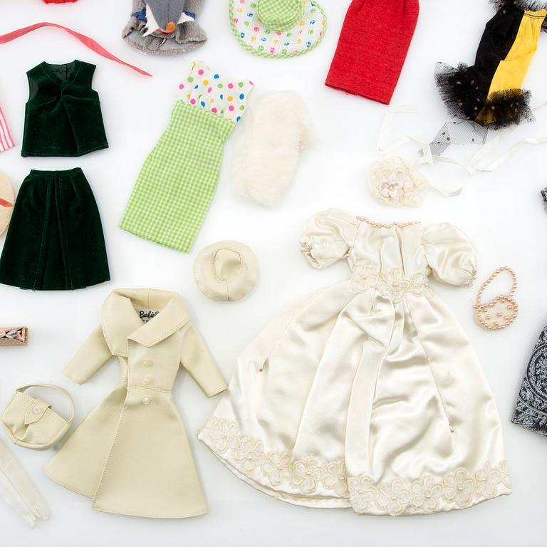 Barbie wardrobe along with clothes and accessories, 1960s, including "Barbie babysits" 1963.