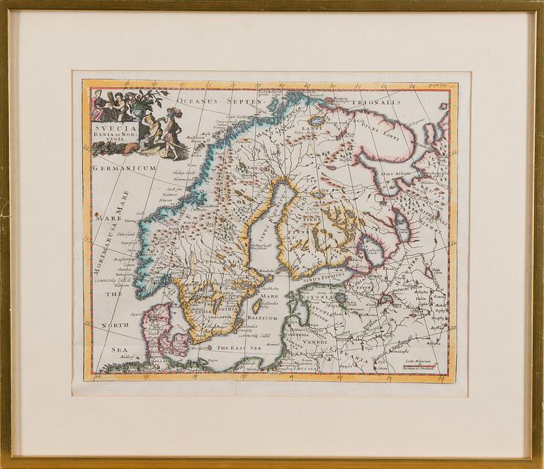 KARTOR, 3 st, handmålade kopparstick, 1700-tal.