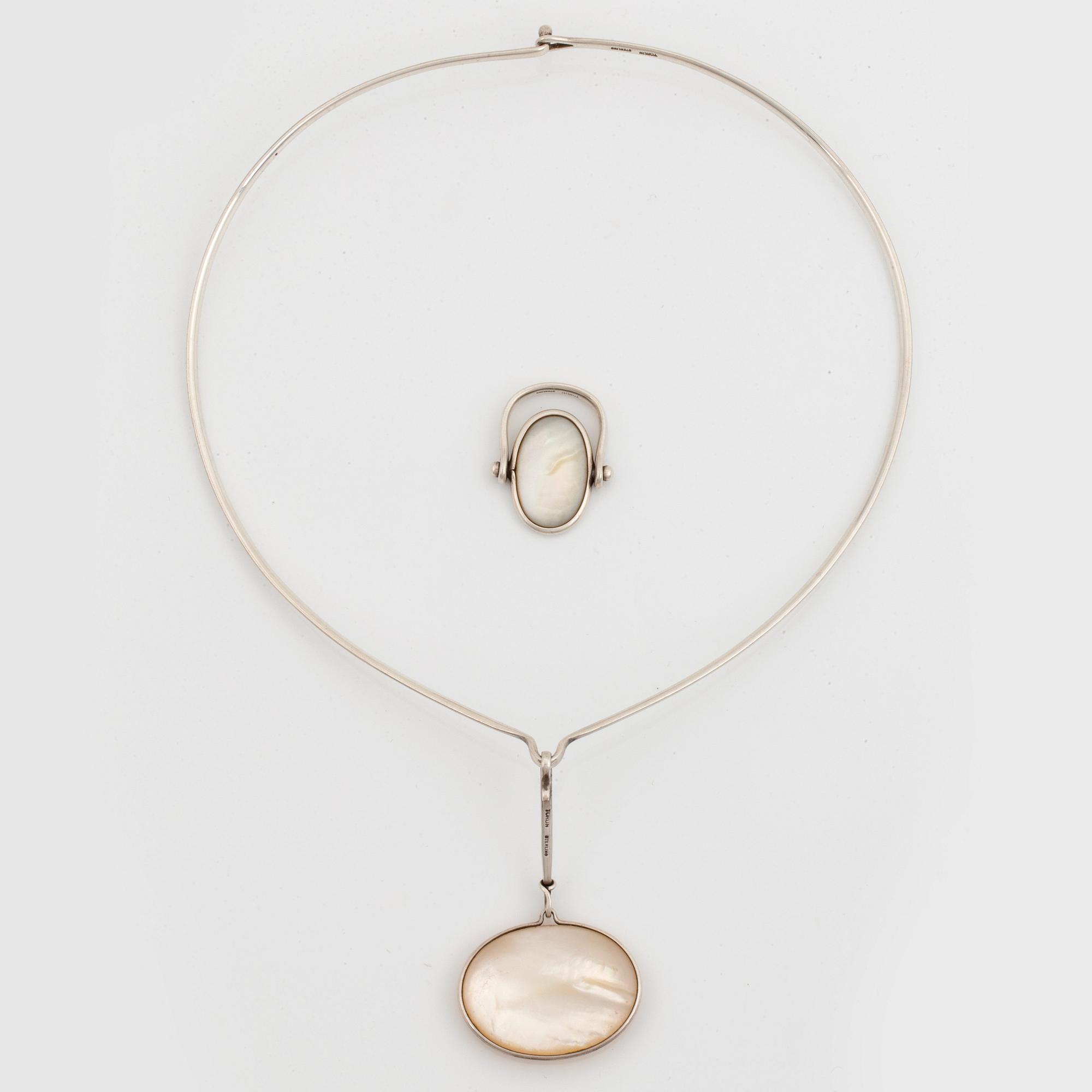 Vivianna Torun Bülow-Hübe, a sterling and mother of pearl necklace and ring, probably 1980's.