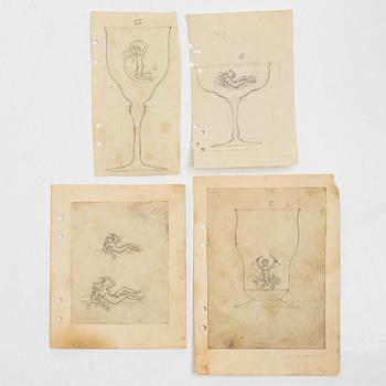 Carl Eldh, original drawings and an engraved glass decanter, Orrefors 1931.