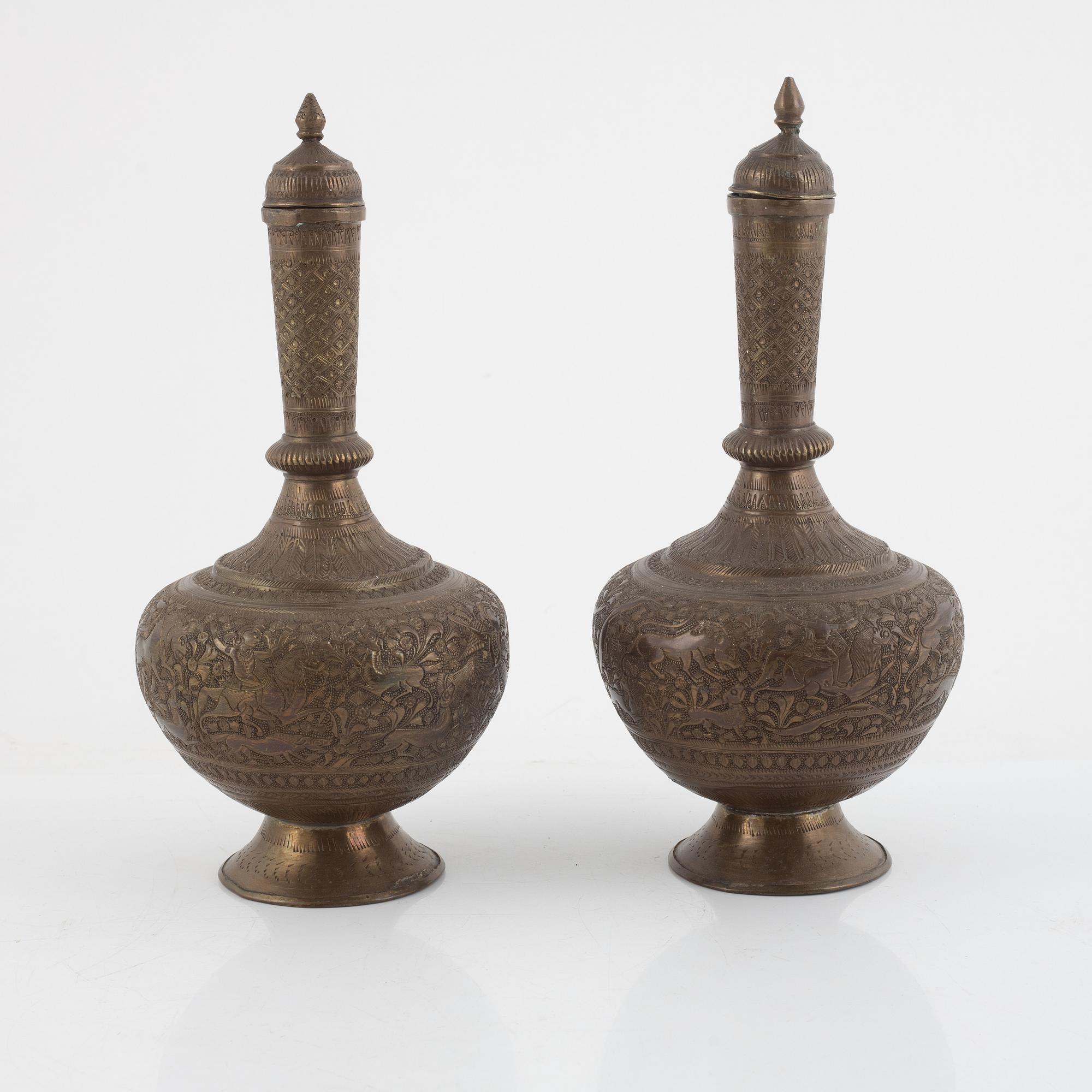 A pair of brass flasks with covers, marked with Prince Oscar Carl August Bernadotte, 1880s.