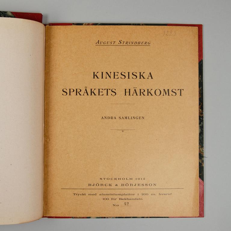 BOk, 2 vol, "Kinesiska språkets härkomst" (I-II) av August Strindberg, Stockholm 1912.