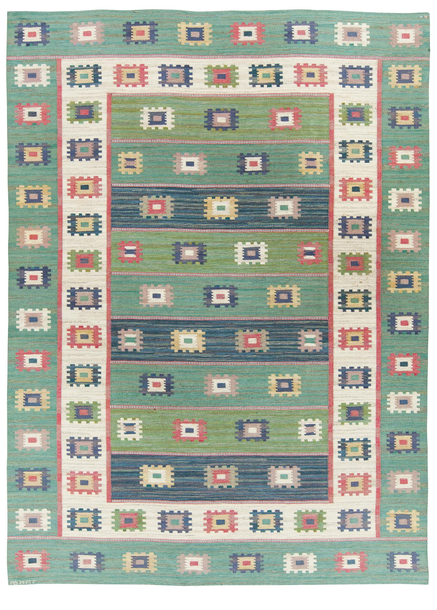 MÄRTA MÅÅS-FJETTERSTRÖM, a carpet, flat weave, 348,5 x 256 cm, "Grön äng", signed AB MMF.