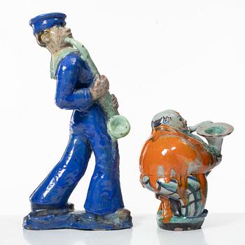 Allan Ebeling, two glazed ceramic sculptures of musicians, Torshälla.