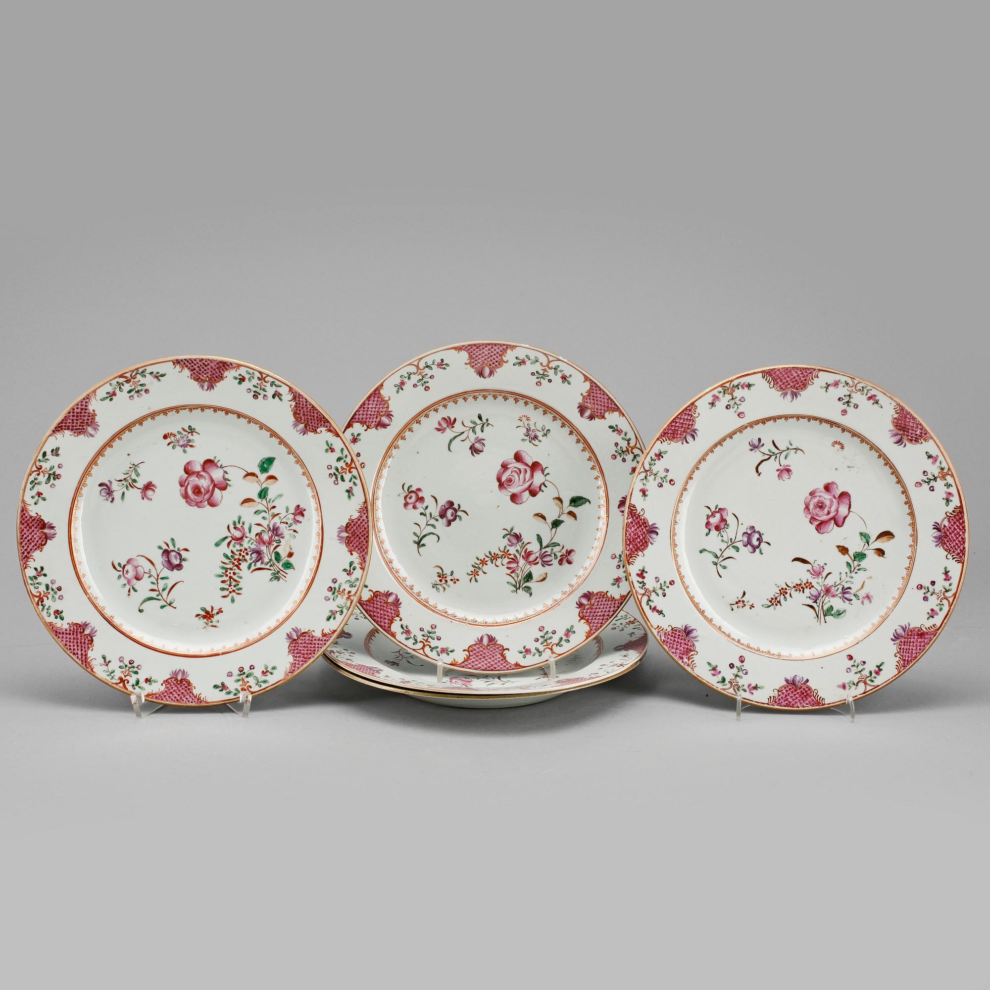 TALLRIKAR, 5 st, kompaniporslin, Kina, 1700-tal.
