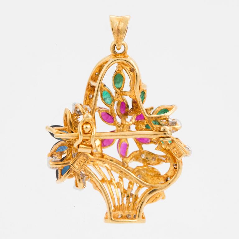 BROSCH/HÄNGE, Blomsterkorg med smaragder, rubiner, safirer och diamanter.