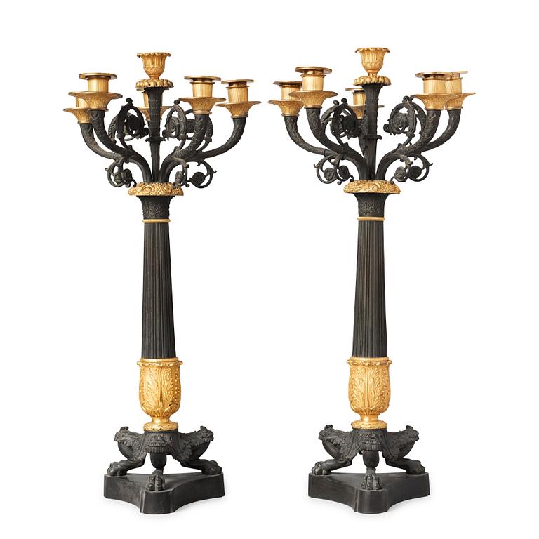 A pair of French late Empire 19th century six-light candelabra.