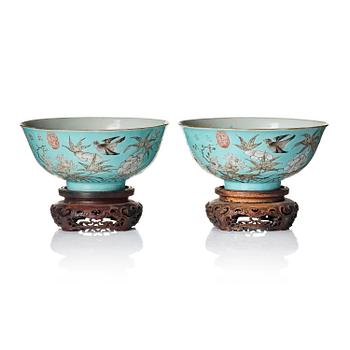 955. A pair of turquoise ground 'baijiaxiang' cups, Qing dynasty with seal mark in red.