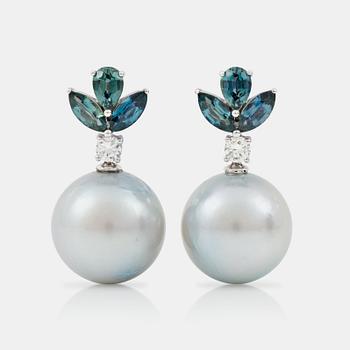 A pair of sapphire, circa 2.50 cts,  diamond and South Sea pearl earrings.