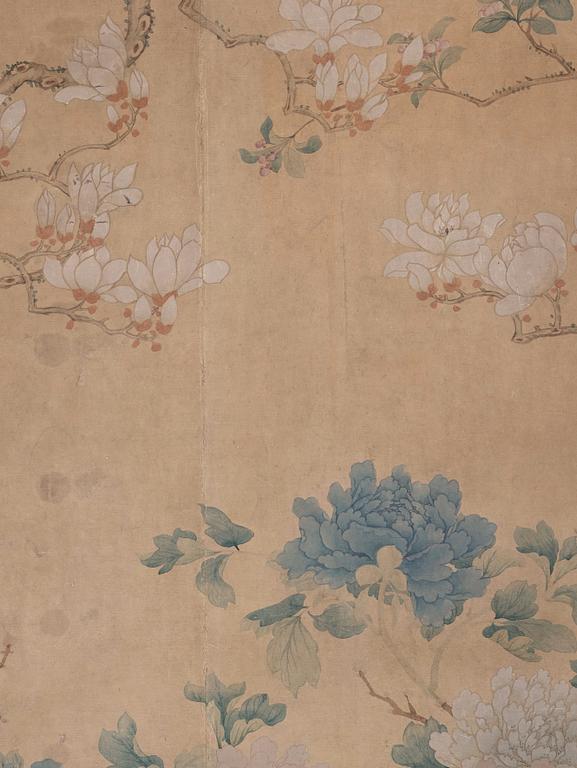 A Chinese scroll painting/wall paper-panel, ink and colour on paper, after Jiang Tingxi (1669-1732), Qing dynasty.