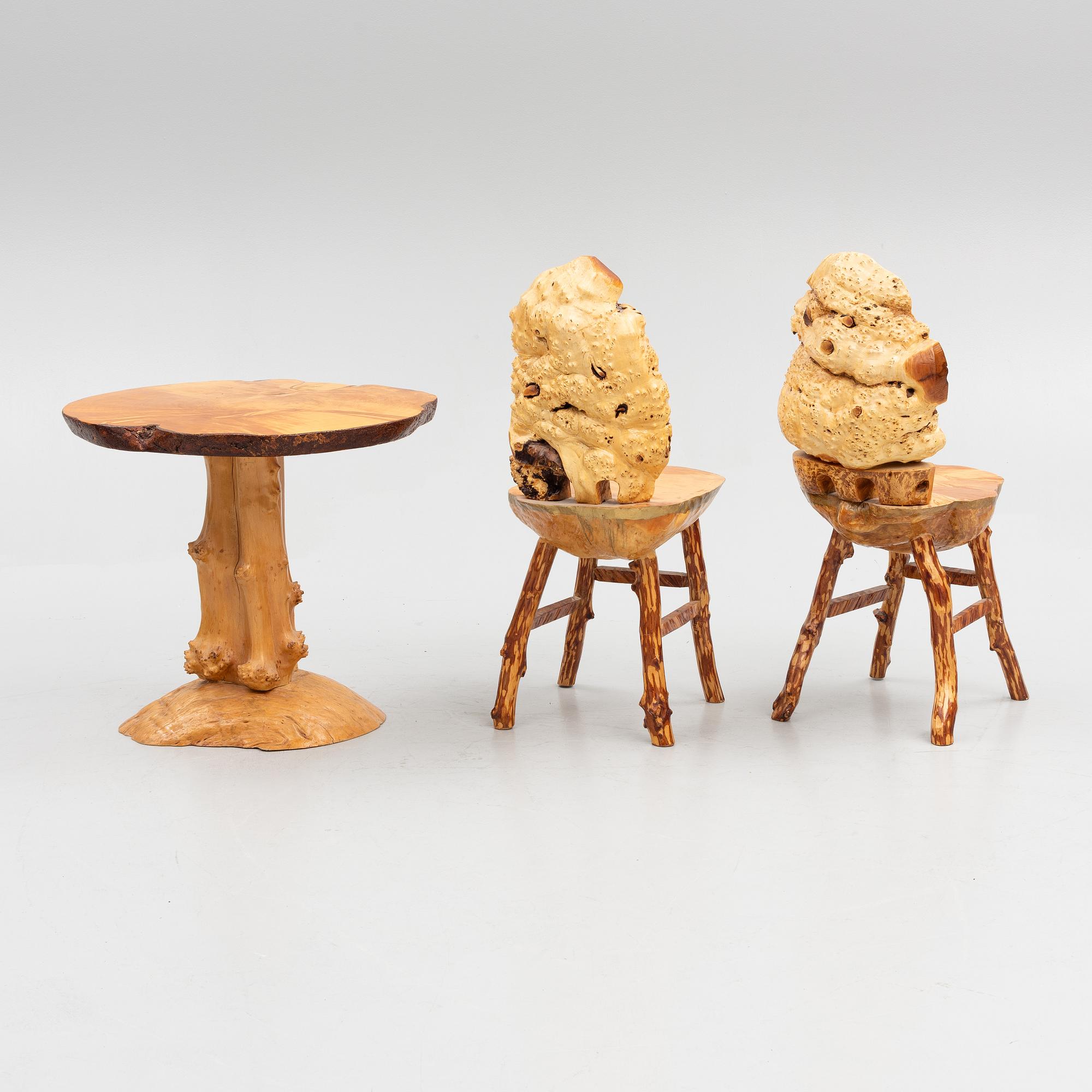 A burl table and a pair of burl chairs, Sweden, 20th century.