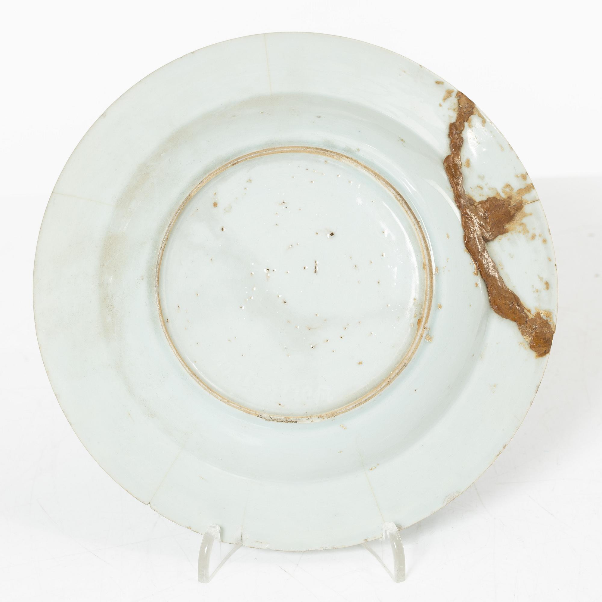 A group of three Chinese blue and white porcelain serving dishes and five dessert plates, Qing dynasty, Qianlong(1736-95.