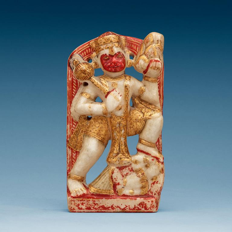 HANUMAN, delvis bemålad och förgylld alabaster. Indien, 1800-tal.