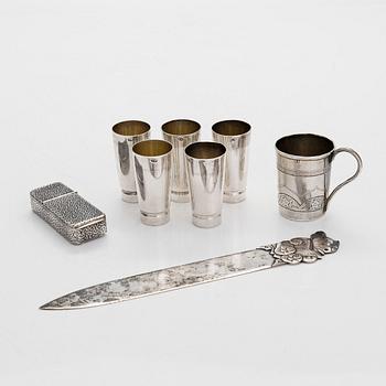 Five silver beakers, maker's mark of  P.J. Silventoinen, and a box, cup and letter opener, Russia, France and Finland.