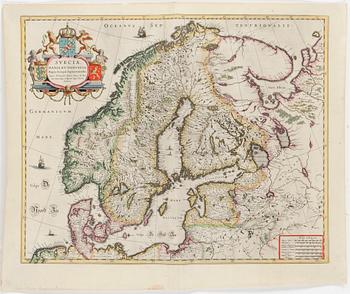 A hand coloured copper plate map by Anders Bure, 17th Century.