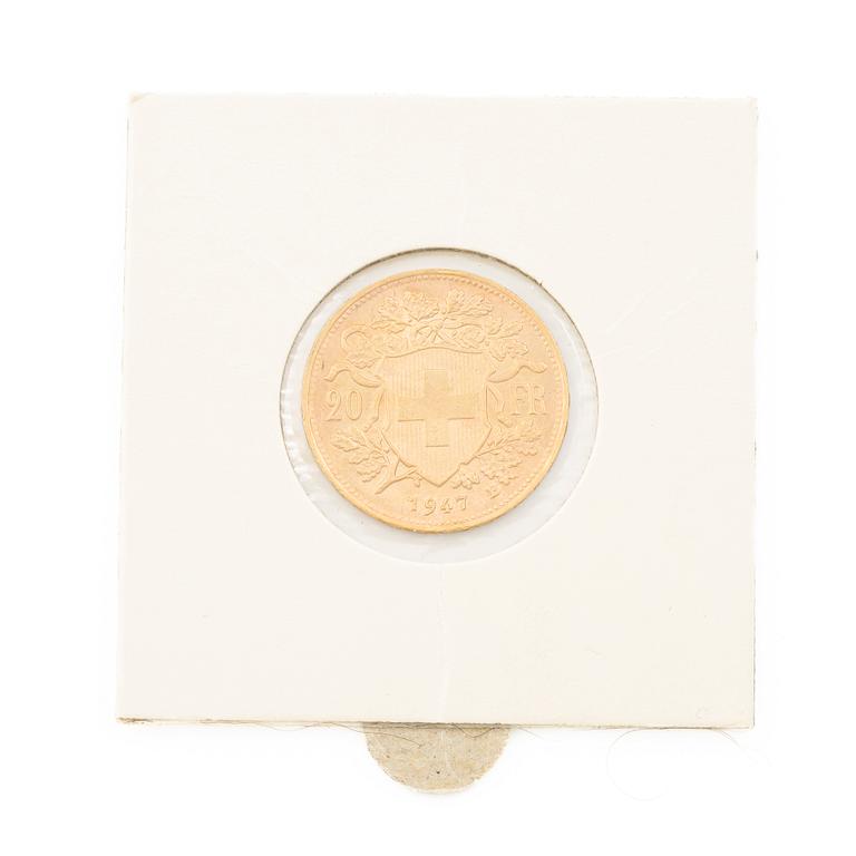 Gold coin, Switzerland, 20 Franc, 1947.