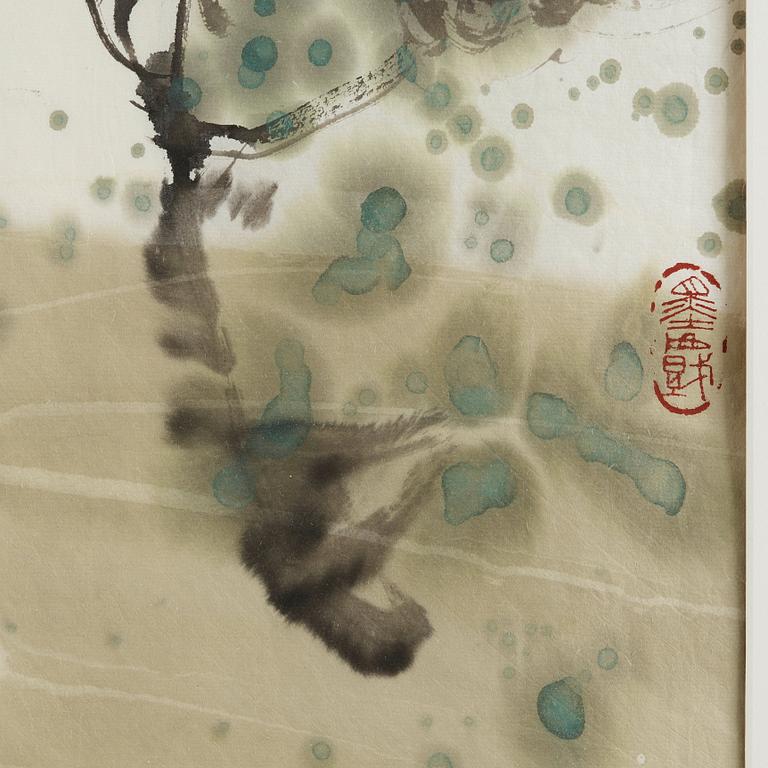 MÅLNING, av An Qi, "Travelers to Tianshan", signerad och daterad 2007.