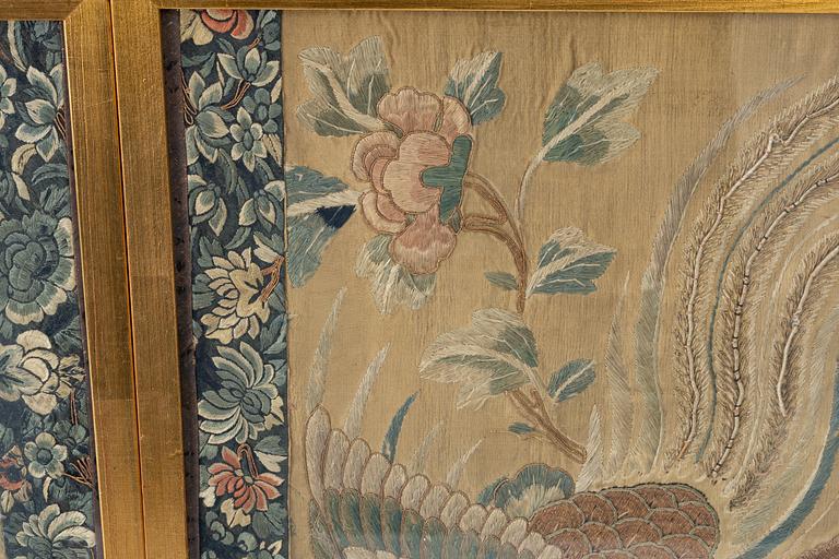 A pair of silk embroideries, China, Qing dynasty, 19th century.