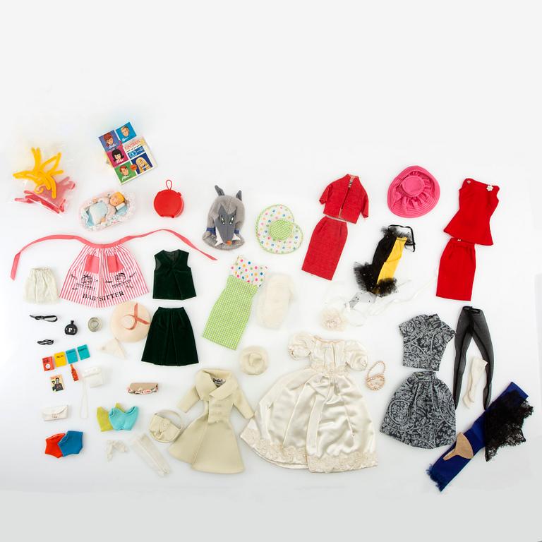 Barbie wardrobe along with clothes and accessories, 1960s, including "Barbie babysits" 1963.