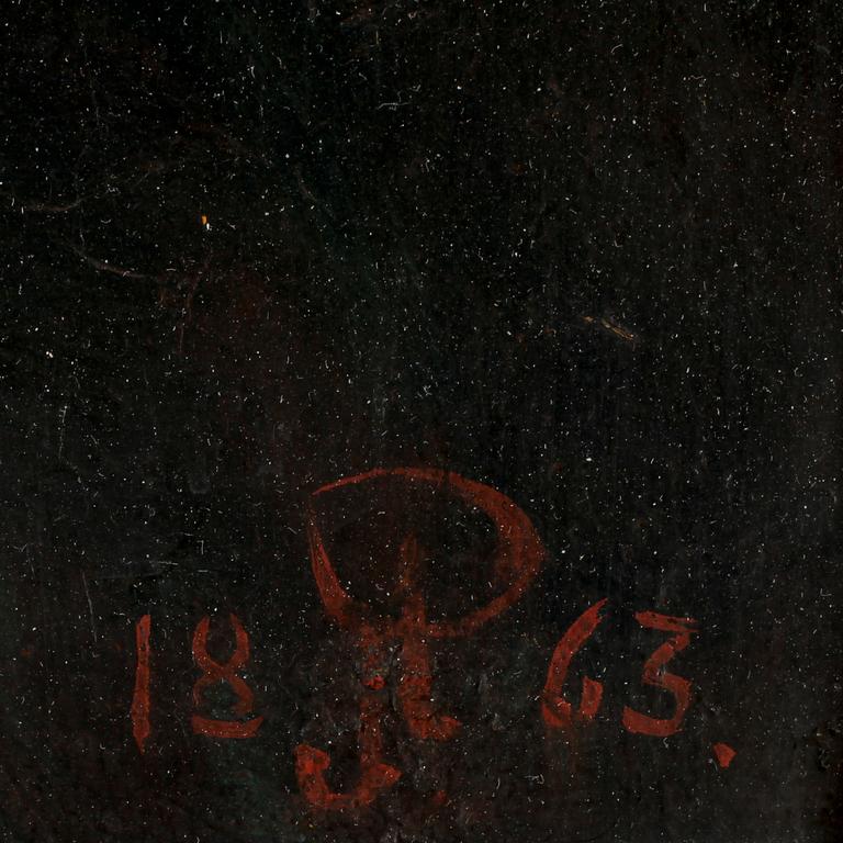 OKÄND KONSTNÄR, olja på pannå, otydl monogramsign, dat 1863.