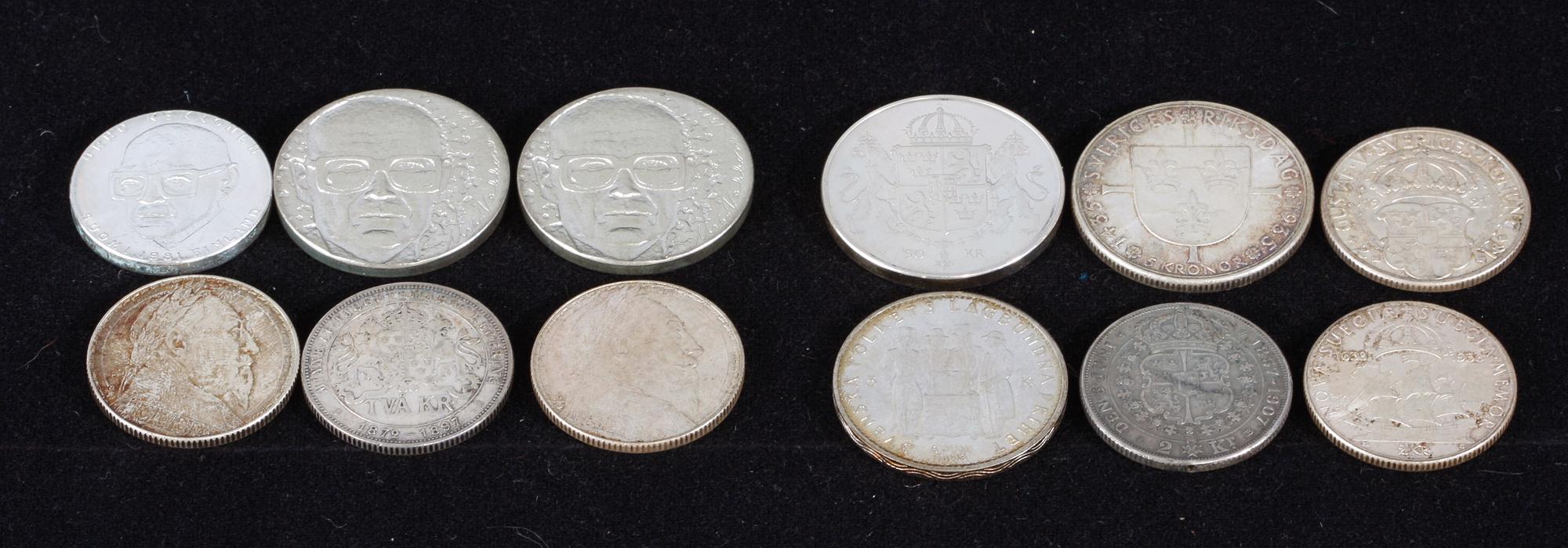 SILVERMYNT, MINNESMYNT SAMT SILVERTACKA, Boliden, 0,4983 kg. 15 st. Sverige o Finland, 1900-tal.