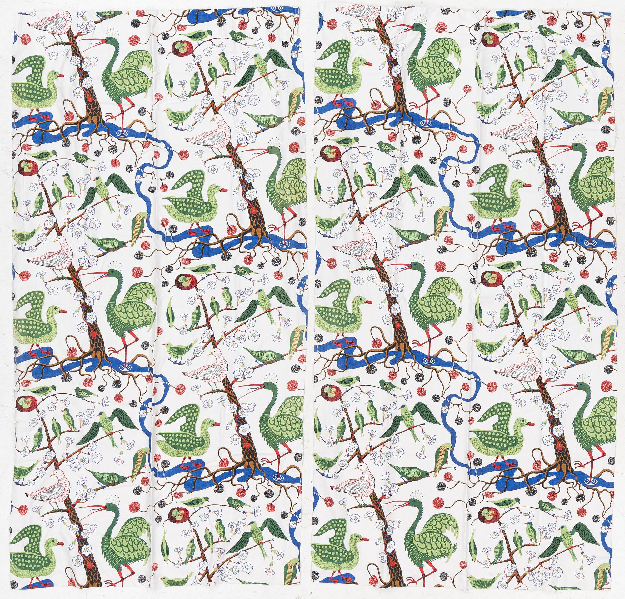 Josef Frank, gardiner, ett par, "Gröna fåglar", Firma Svenskt Tenn.