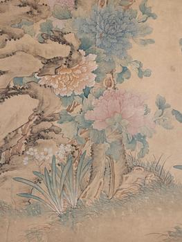 A Chinese scroll painting/wall paper-panel, ink and colour on paper, after Jiang Tingxi (1669-1732), Qing dynasty.