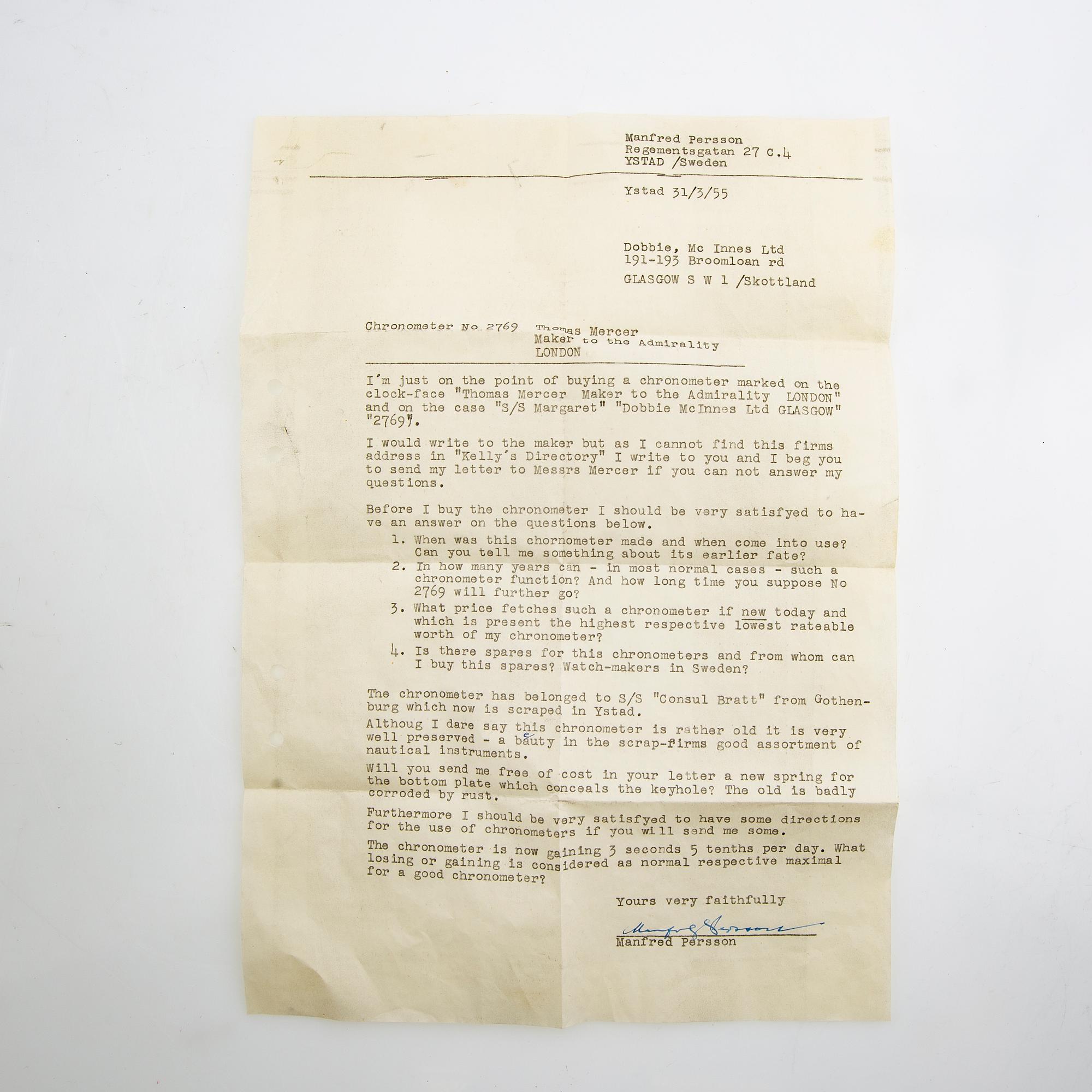 Thomas Mercer, skeppskronometer, no. 2769, 1800-talets senare del.